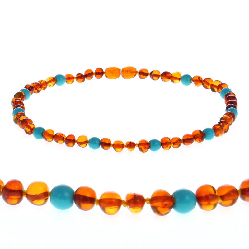 Amber Teething Bracelet/ Necklace for Baby with Turquoise Natural Amber Beads 100% Real Baltic Sea Cherry Custom Jewelry