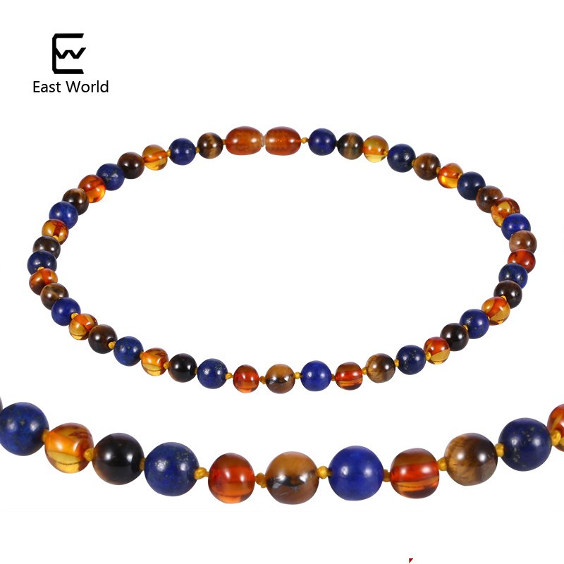 Amber Teething Necklace Knotted Mix Natural Gemstone Tiger Eye Stone and Lapis Lazuli Baltic Amber Jewelry for Baby Men