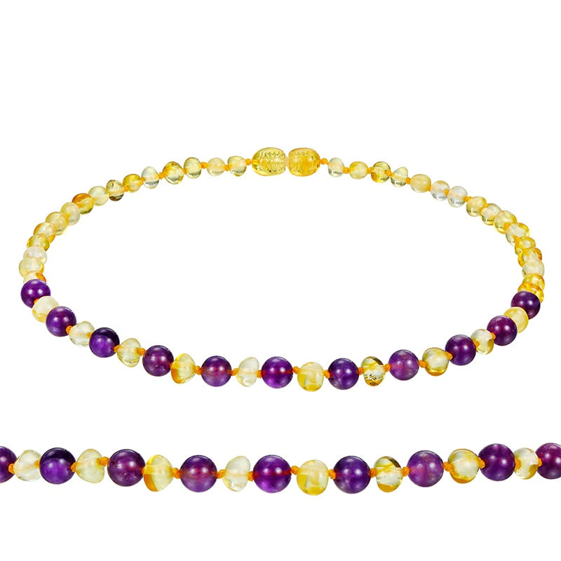 Amber Teething Necklace for Baby (Unisex) Natural Gemstone Amethyst + Baltic Amber Beads Bracelet for Women Fine Gift