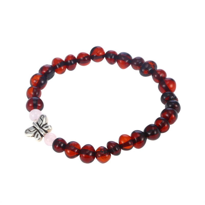 Baltic Amber Teething Bracelets with Rose Quartz Baby Amber Jewelry Adults Gifts Elastic Fine Jewelry Butterfly Pulseras