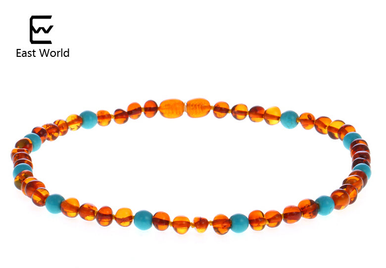 Baroque Amber Necklace with Natural Turquoise Certificate Authenticity Genuine Baltic Amber Bead Baby Jewelry Necklace
