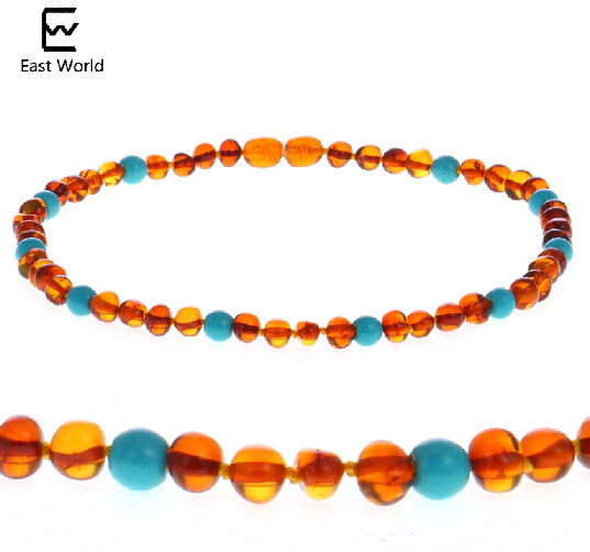 Cognac Color Amber Necklace with Natural Turquoise Certificate Genuine Baltic Amber Adult Baby Jewelry Women Necklace