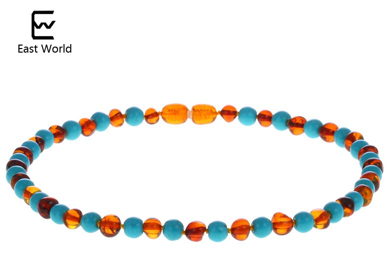 Cognac Color Amber Necklace with Natural Turquoise Certificate Genuine Baltic Amber Adult Baby Jewelry Women Necklace