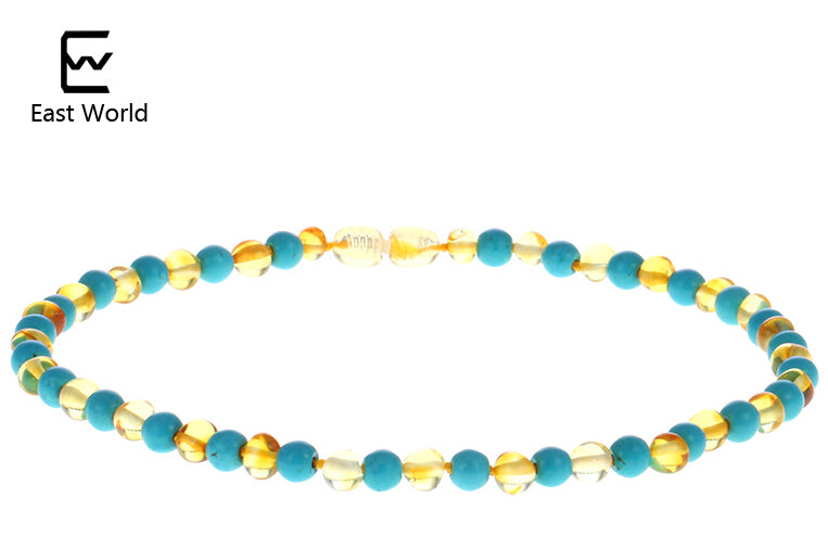 Cognac Color Amber Necklace with Natural Turquoise Certificate Genuine Baltic Amber Adult Baby Jewelry Women Necklace