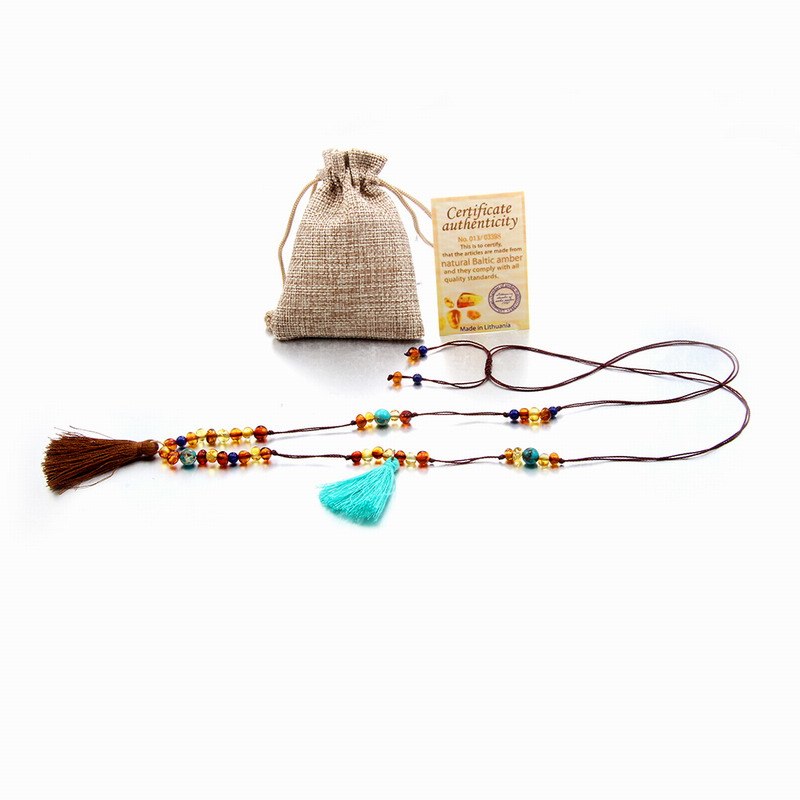 Long Amber Necklace for Women Tassel Jewelry Bohemian Fashion Female Necklace Beach Jewelry with Natural Turquoise