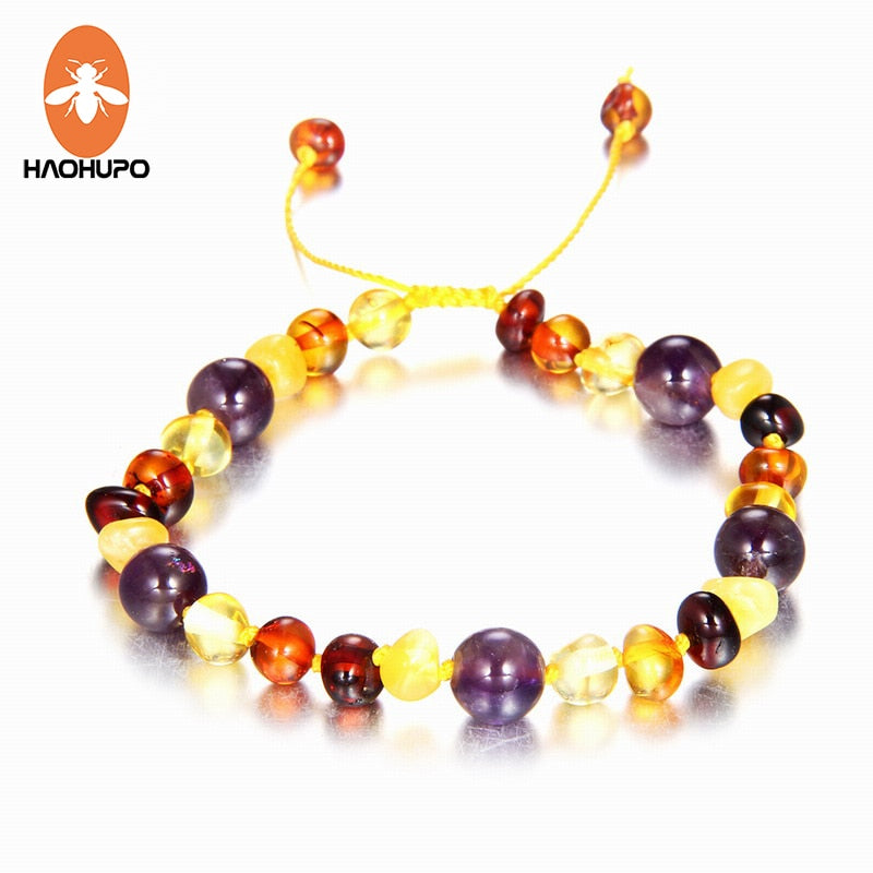 Multicolor Amber Bracelet with Natural Amethyst Braided Bracelets Baby Anklet Handmade Fine Jewelry Co Elegant Bijoux