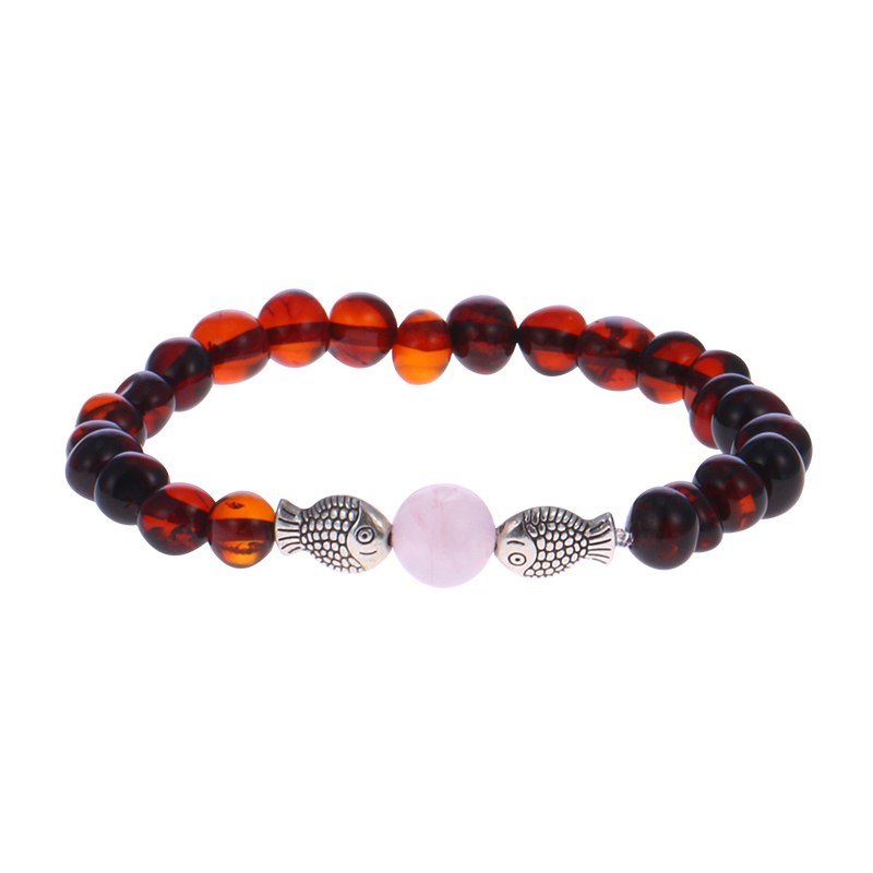Natural Amber Bracelets with Rose Quartz for Women Baltic Amber Fish Baby Jewelry Adult Gifts Elastic String Pulseras