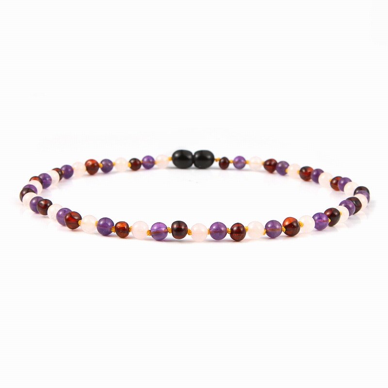 Natural Amber Necklace for Baby Kids Rose Quartz Amethyst Jewelry Cherry Baltic Amber Gemstone Child Sized Baby Necklace