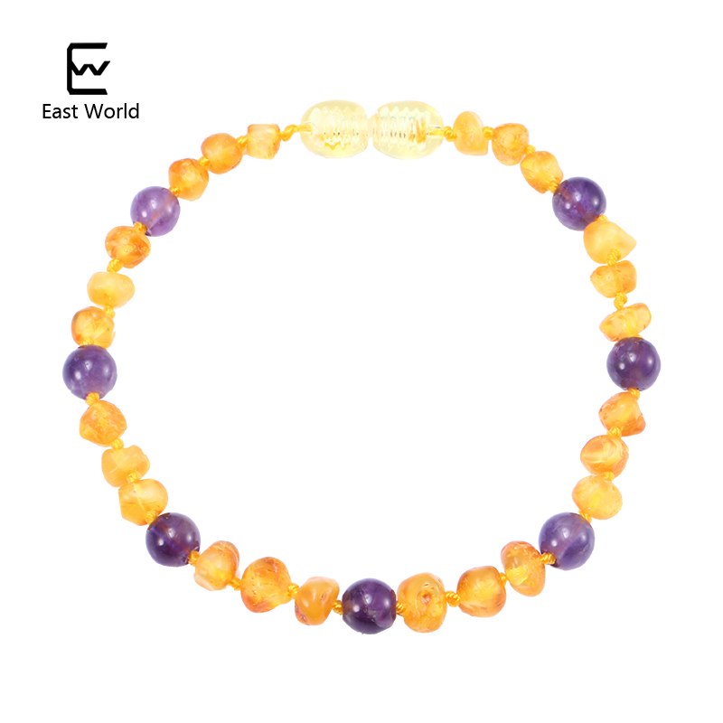 Raw Amber Bracelet/Necklace with Amethyst for Baby Teething Authentic Natural Irregular Amber Beads Kid Women Jewelry