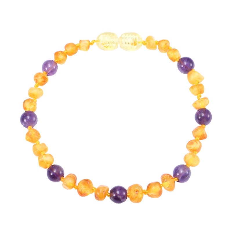 Unpolished Amber Baby Teething Bracelet / Necklace with Natural Amethyst Stone Irregular Amber Jewelry for Women Child