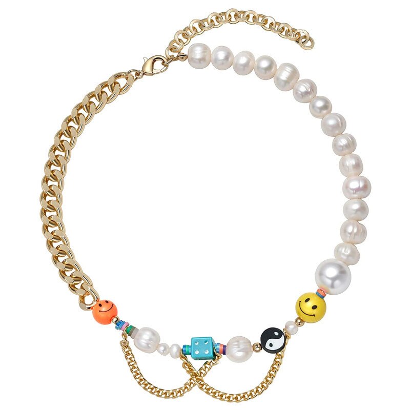 HAPPY GO LUCKY Dupe Inspired Remake Necklace Trendy Summer BOHO Style Faux Pearl Mismatched Chain Choker Colorful Beaded