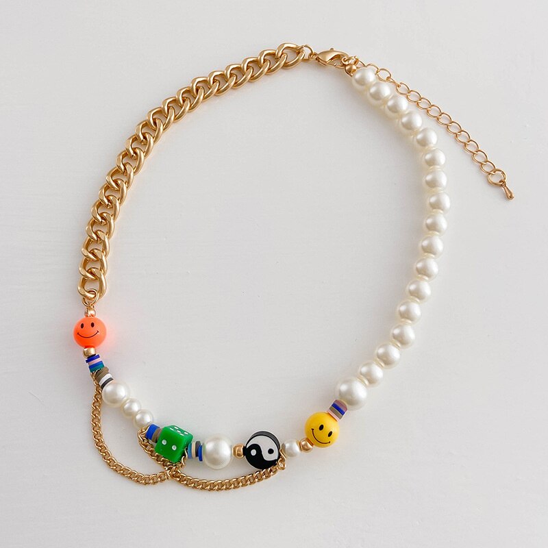 HAPPY GO LUCKY Dupe Inspired Remake Necklace Trendy ins Boho Pearl Cuban chain Choker Colorful Beaded Choker for Woman Jewelry