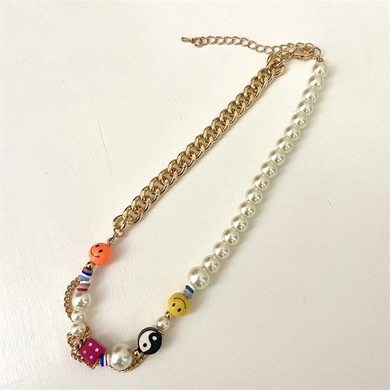 HAPPY GO LUCKY Dupe Inspired Remake Necklace Trendy ins Boho Pearl Cuban chain Choker Colorful Beaded Choker for Woman Jewelry