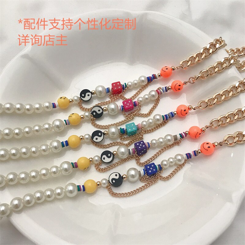 HAPPY GO LUCKY Dupe Inspired Remake Necklace Trendy ins Boho Pearl Cuban chain Choker Colorful Beaded Choker for Woman Jewelry