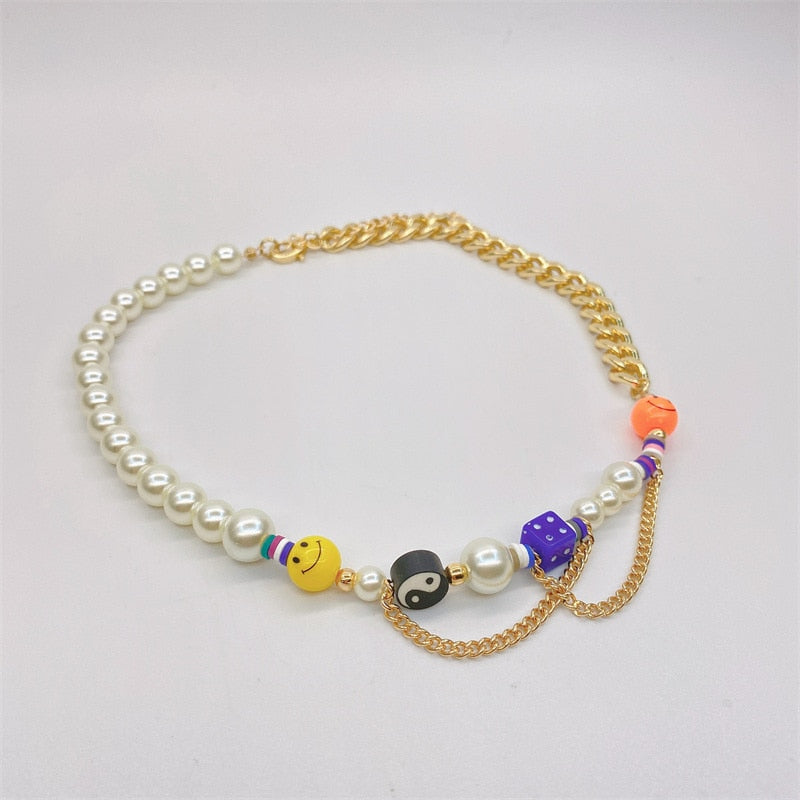 HAPPY GO LUCKY Dupe Inspired Remake Necklace Trendy ins Boho Pearl Cuban chain Choker Colorful Beaded Choker for Woman Jewelry