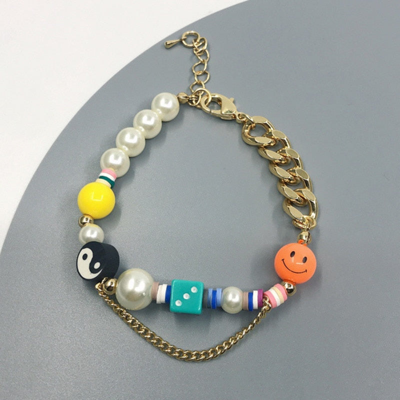 HAPPY GO LUCKY Dupe Inspired Remake Necklace Trendy ins Boho Pearl Cuban chain Choker Colorful Beaded Choker for Woman Jewelry