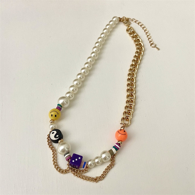 HAPPY GO LUCKY Dupe Inspired Remake Necklace Trendy ins Boho Pearl Cuban chain Choker Colorful Beaded Choker for Woman Jewelry