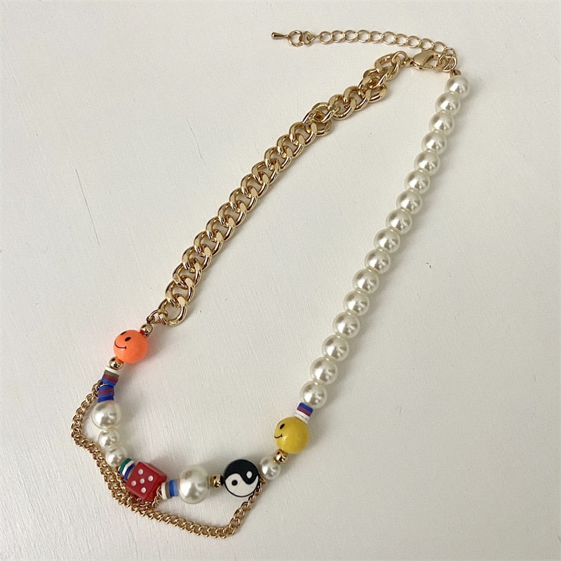 HAPPY GO LUCKY Dupe Inspired Remake Necklace Trendy ins Boho Pearl Cuban chain Choker Colorful Beaded Choker for Woman Jewelry