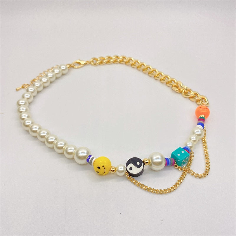 HAPPY GO LUCKY Dupe Inspired Remake Necklace Trendy ins Boho Pearl Cuban chain Choker Colorful Beaded Choker for Woman Jewelry