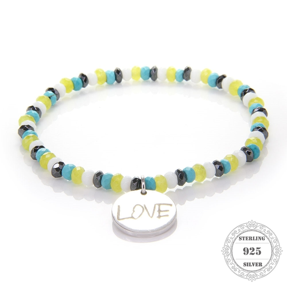 925 Multi Color Chalcedony Bead Bracelet with 925 Sterling Silver Love Disc Charm for Women Fine Jewelry Gift TS-B092