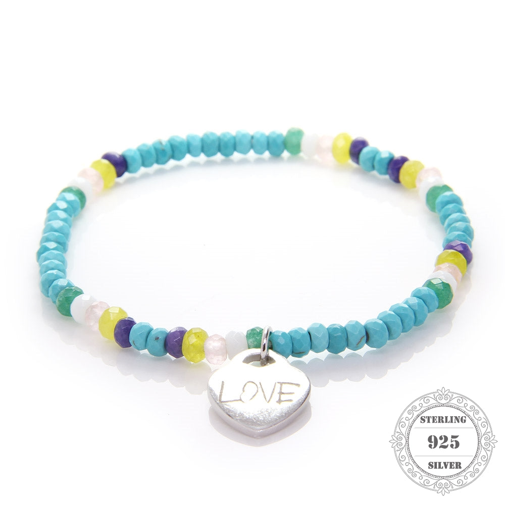 925 Multi Color Turquoise Bead Bracelet with 925 Sterling Silver Love Heart Charm for Women Fine Jewelry Gift TS-B091