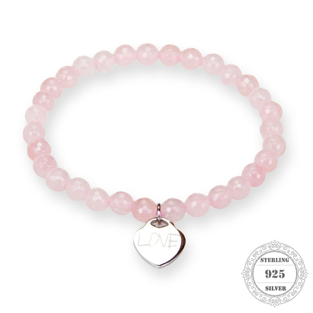 Thomas Rose Quartz Bead Bracelet with 925 Sterling Silver Love Heart Charm for Women Wedding Fine Jewelry Gift TS 002