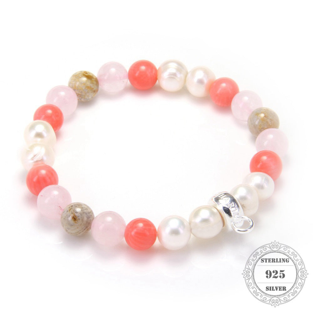 Thomas Rose Quartz Pearl Bead Bracelet 925 Sterling Silver Charm Carrier, 14-24CM, Women Fine Jewelry TS 109