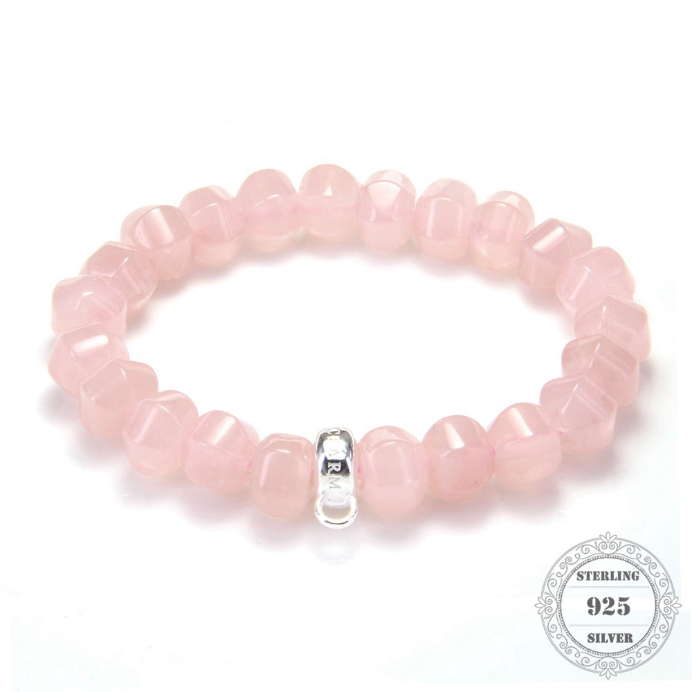 Thomas Rose Quartz Rounded Pentagon Bead Bracelet 925 Sterling Silver Charm Carrier, 14-24CM, Women Fine Jewelry TS 110