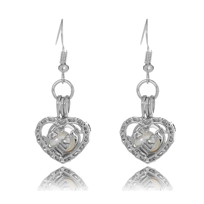 Love Mom Best Gift Cage Locket Oyster Pearl Drop Heart Dangle Earrings Jewelry