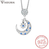925 Sterling Silver Star Moon Pendant Necklaces With Blue CZ Stone for Women&Girl Fashion Jewelry Silver choker