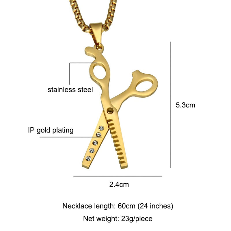 HIP Crystal Mosaic Haircut Scissors Pendants Necklaces Silver Color 316L Stainless Steel Necklace for Men Barber Shop Jewelry