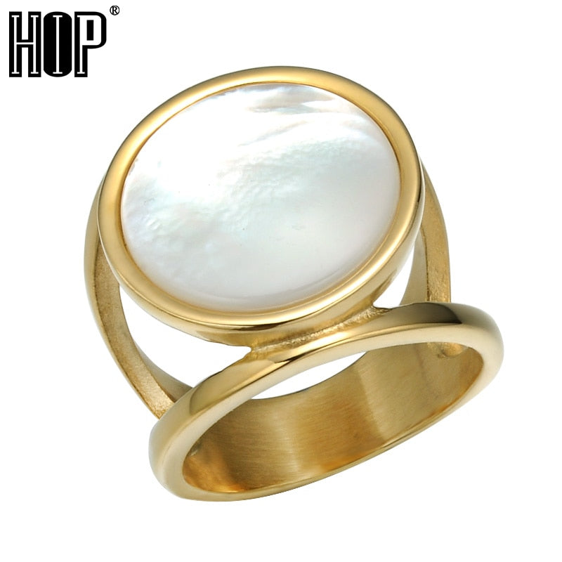 Elegant Round White Natural Shell Ring Gold Silver Color Stainless Steel Big Stone Rings for Men Women jewelry