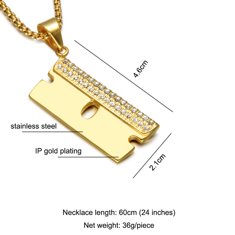 Hop Bling Ice Out Razor Blade Pendants Necklaces Gold Color Stainless Steel Chain Barber Shop Necklace for Men Jewelry