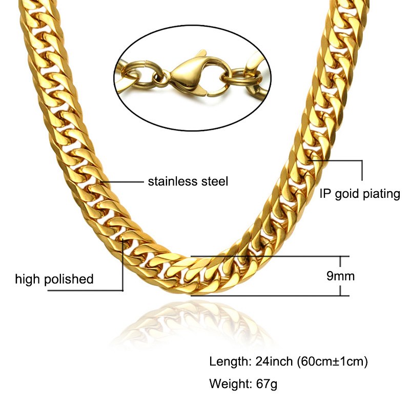 Hop IP Gold Filled CUT Lobster Buckle Titanium Stainless Steel Double Curb Cuban Link Rombo Chain Necklaces for Men Jewelry