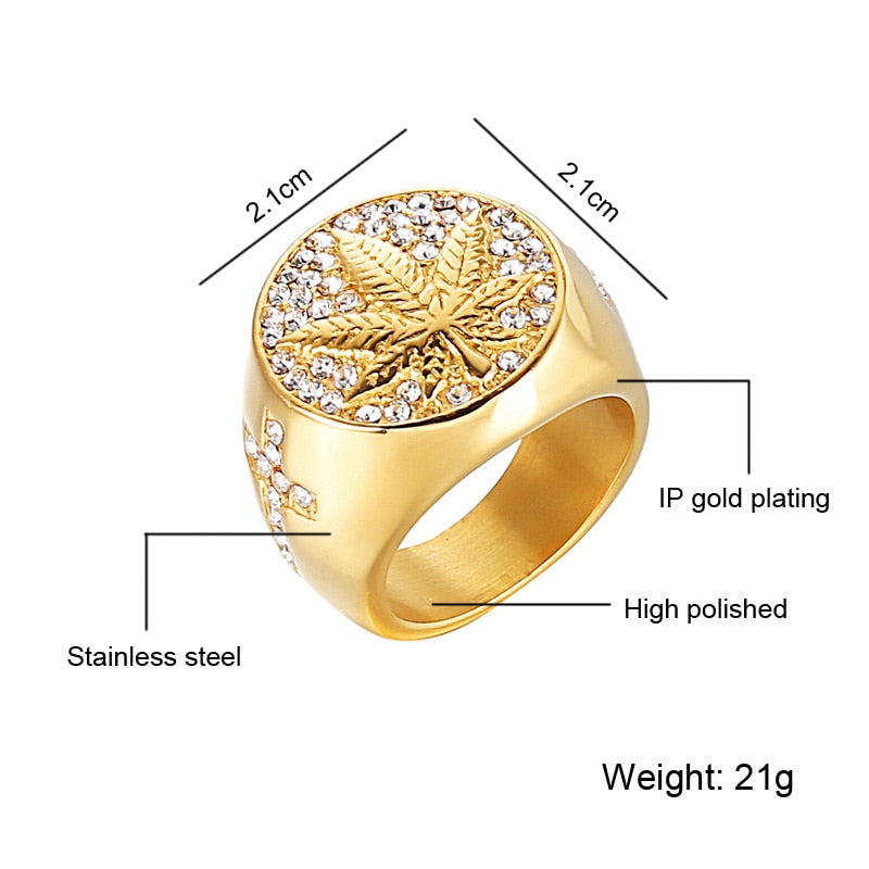Hop Iced Out Bling Gold Color Stainless Steel Ring Micro Paved Rhinestone Weed Maple leaf Rings for Men Jewelry