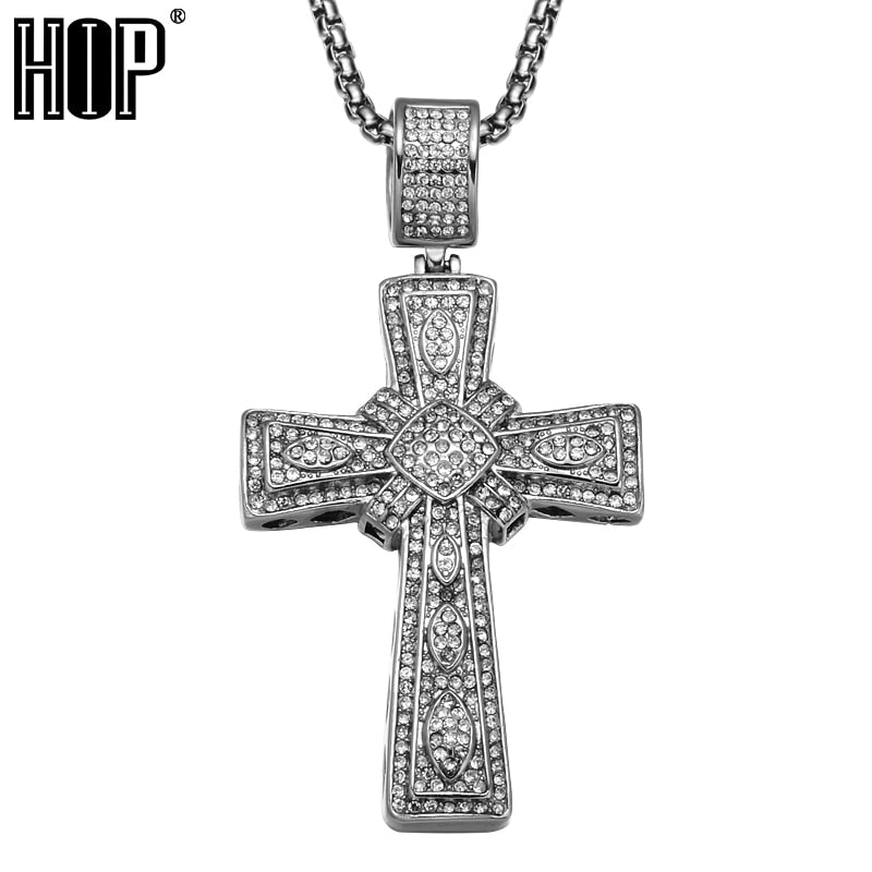 Hop Titanium Stainless Steel Full Micro Pave Rhinestone Iced Out Bling Cross Pendants Necklaces for Men Jewelry