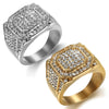 Hop silver Micro Pave Rhinestone Iced Out Bling Big Square Ring IP Gold Filled Stainless Steel Rings for Men Jewelry