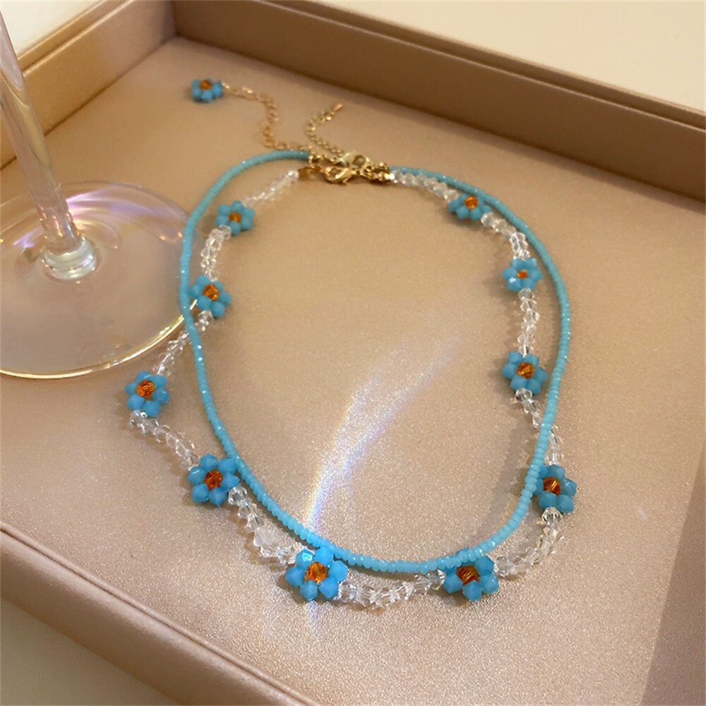 HIYONG Sweet Crystal Flower Necklace Korean Style Clavicle Chain Neckalce Unique Design Beads Neckalces for Women Girls Jewelry