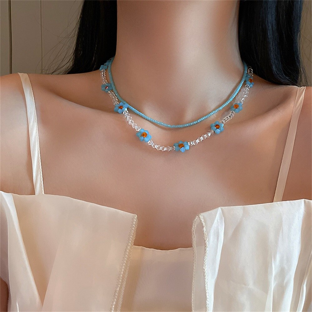 HIYONG Sweet Crystal Flower Necklace Korean Style Clavicle Chain Neckalce Unique Design Beads Neckalces for Women Girls Jewelry