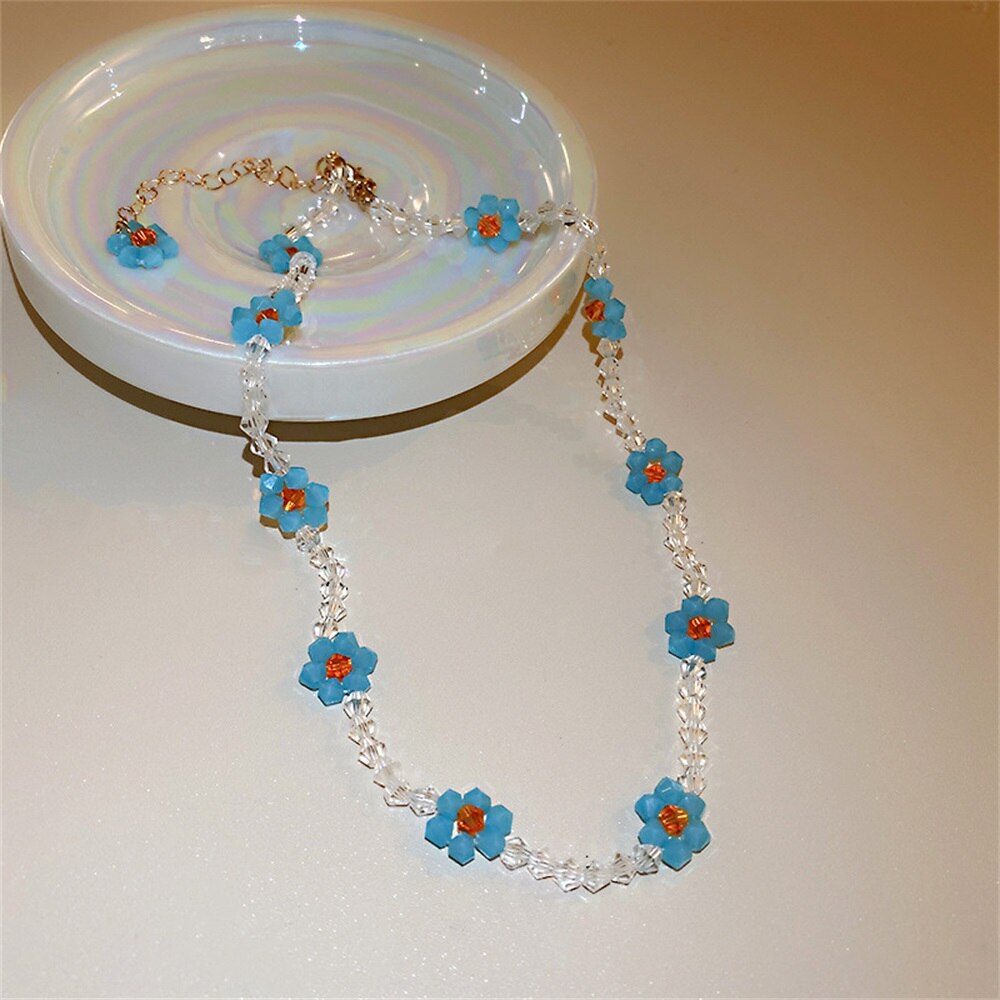 HIYONG Sweet Crystal Flower Necklace Korean Style Clavicle Chain Neckalce Unique Design Beads Neckalces for Women Girls Jewelry