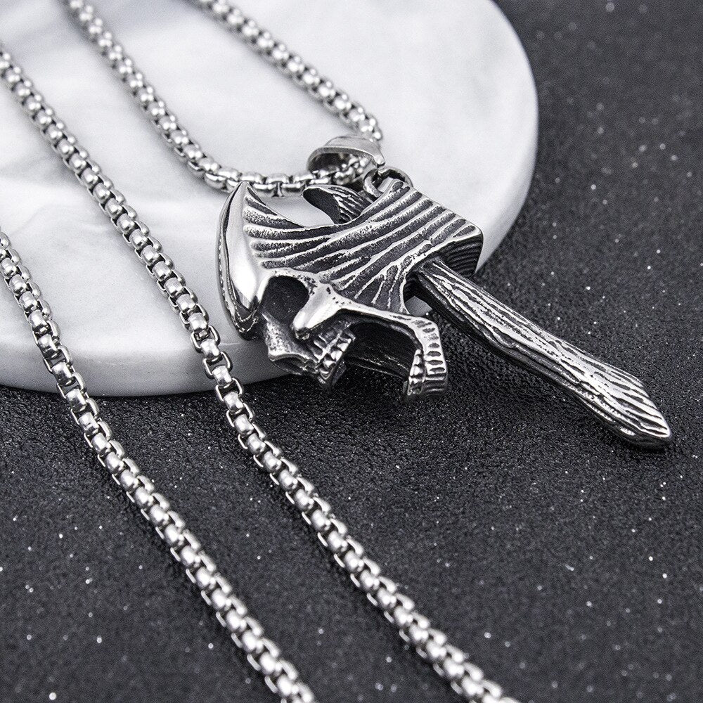 HNSP Axe Skull Pendant Necklace For Men Male Punk Style 2022 New