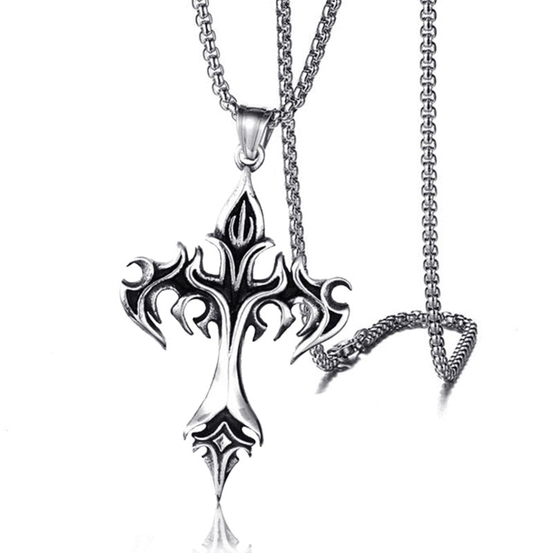 HNSP Goth Flame Cross Pendant ，3MM Stainless Steel Chain Necklace For Men Women Neck Grunge Gothic Style Gift