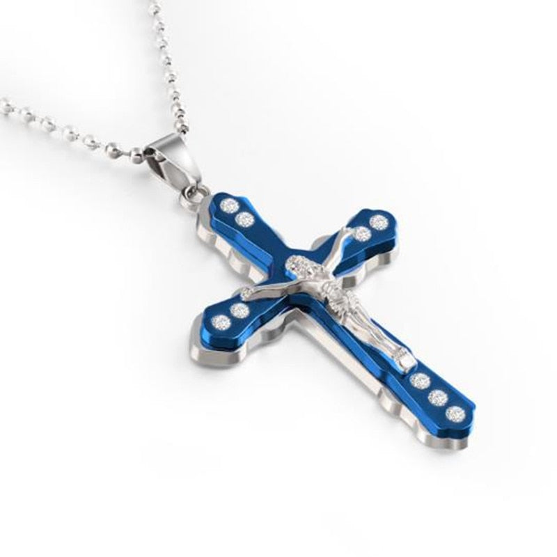 HNSP Multilayer Jesus Cross Chain Necklace Pendant For Men Women Neck Gold Black Blue Silver Color Male Gift