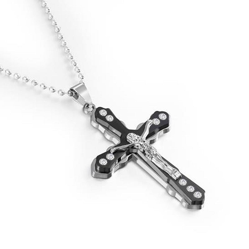 HNSP Multilayer Jesus Cross Chain Necklace Pendant For Men Women Neck Gold Black Blue Silver Color Male Gift