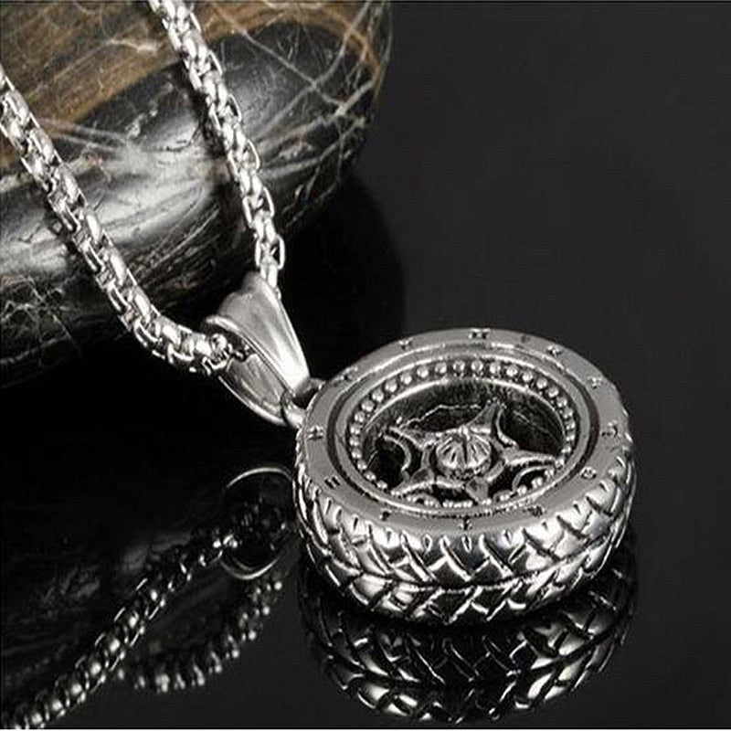 HNSP Punk Car Tire Round Chain Pendant Necklace For Men Male Neck Gift