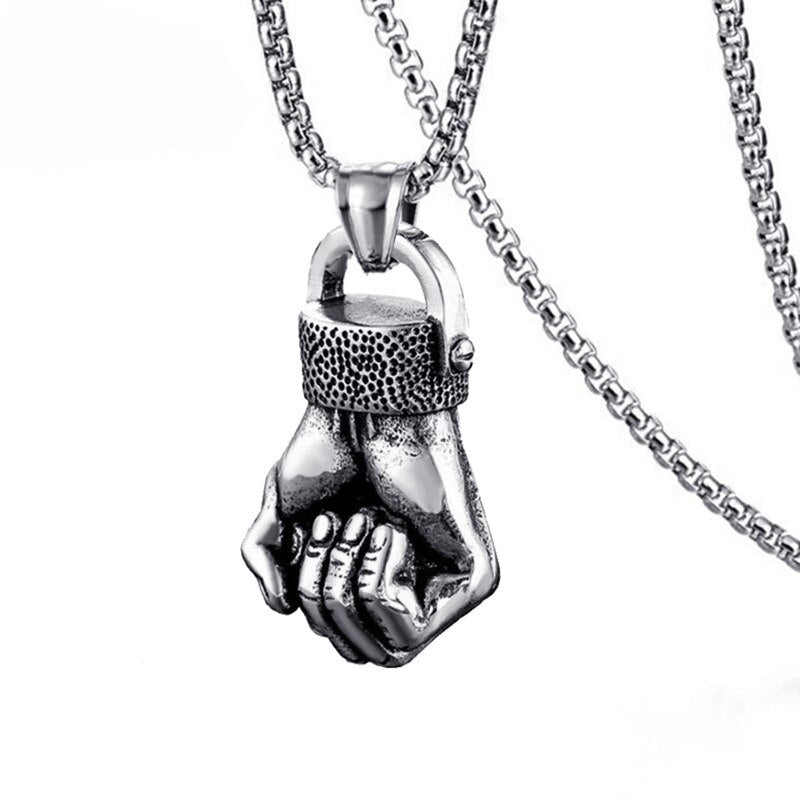 HNSP Punk Sportsman Dumbbell Power Hand Necklace Pendant For Men