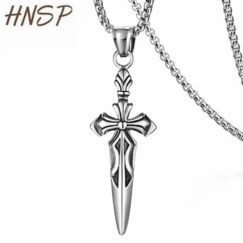 HNSP Punk Sword Cross Necklace Pendant For Men Boy Vintage Jewelry 50 cm Stainless Steel Chain