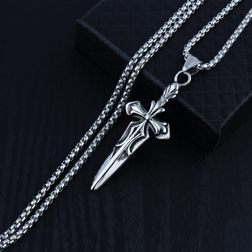HNSP Punk Sword Cross Necklace Pendant For Men Boy Vintage Jewelry 50 cm Stainless Steel Chain