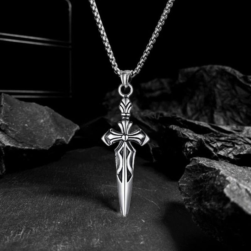 HNSP Punk Sword Cross Necklace Pendant For Men Boy Vintage Jewelry 50 cm Stainless Steel Chain