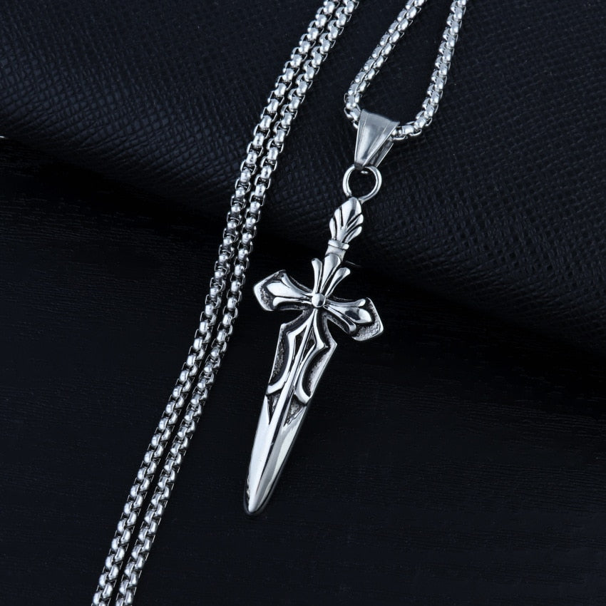 HNSP Punk Sword Cross Necklace Pendant For Men Boy Vintage Jewelry 50 cm Stainless Steel Chain